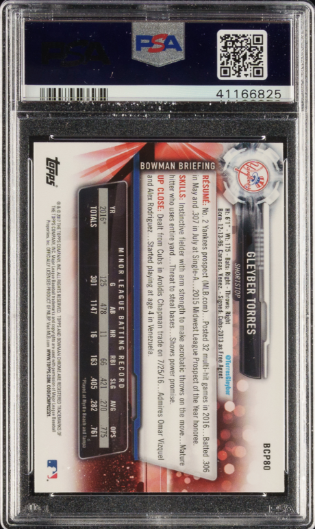 2017 Bowman Prospects - Chrome #BCP80 Gleyber Torres ROOKIE PSA MINT 9