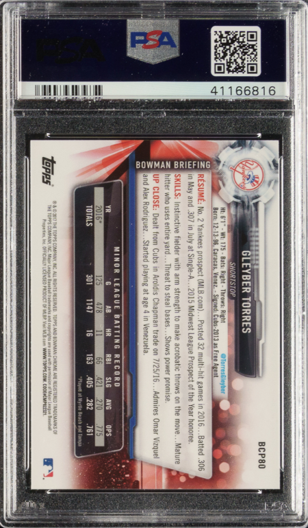 2017 Bowman Prospects - Chrome #BCP80 Gleyber Torres ROOKIE PSA MINT 9