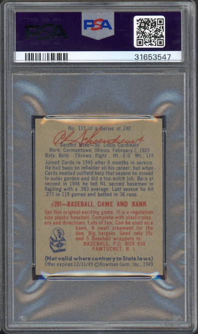 1949 Bowman #111 Red Schoendienst PSA MINT 9