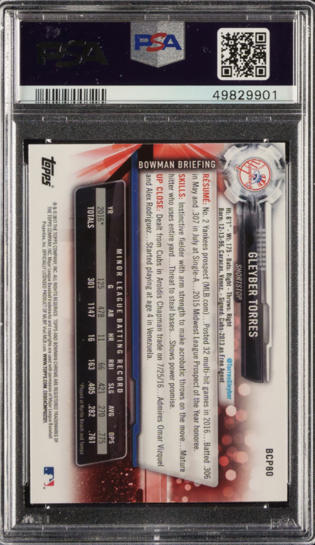 2017 Bowman Prospects - Chrome #BCP80 Gleyber Torres ROOKIE PSA MINT 9