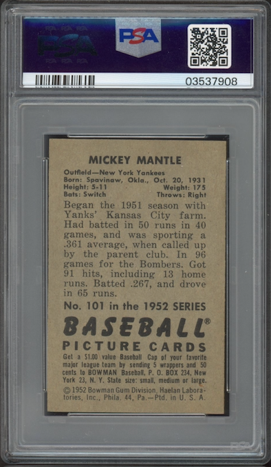 1952 Bowman #101 Mickey Mantle PSA MINT 9