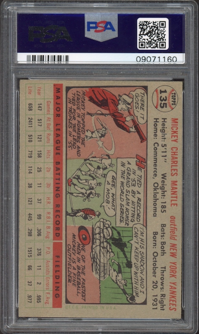 1956 Topps #135 Mickey Mantle Gray Back PSA NM-MT 8