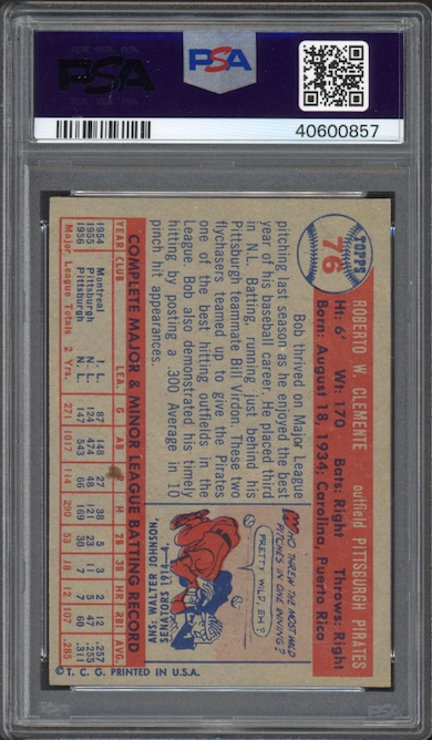 1957 Topps #76 Bob (Roberto) Clemente PSA NM-MT 8