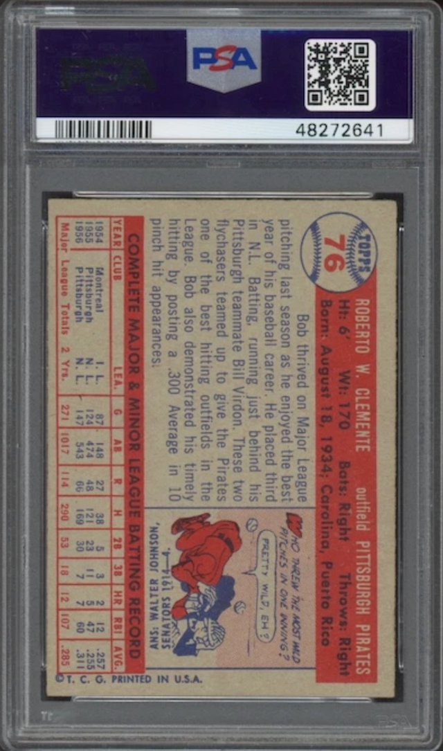 1957 Topps #76 Bob (Roberto) Clemente PSA NM-MT 8