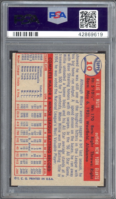 1957 Topps #10 Willie Mays PSA NM-MT 8
