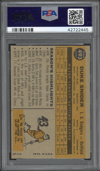 1960 Topps #493 Duke Snider PSA NM-MT 8