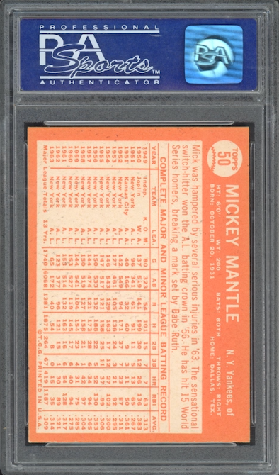 1964 Topps #50 Mickey Mantle PSA NM-MT 8