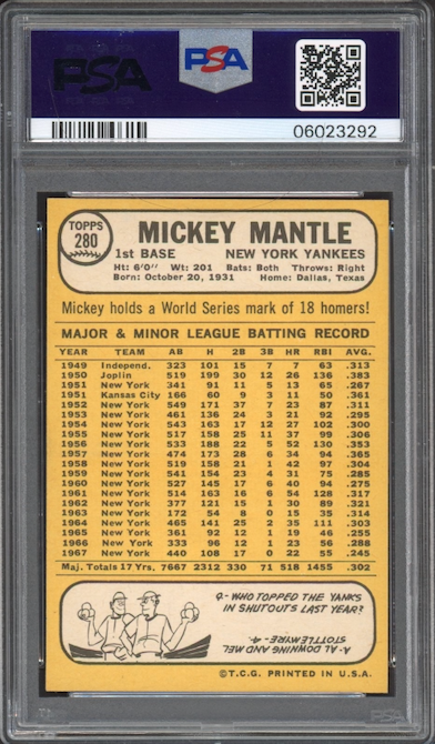 1968 Topps #280 Mickey Mantle PSA MINT 9