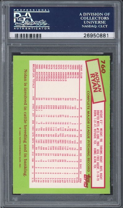 1985 Topps Tiffany #760 Nolan Ryan PSA GEM MINT 10
