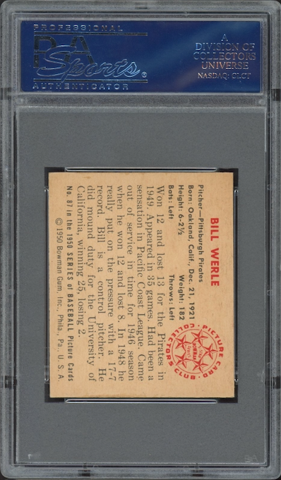 1950 Bowman #87 Bill Werle PSA NM-MT+ 8.5