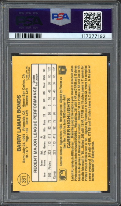 1987 Donruss #361 Barry Bonds ROOKIE PSA GEM MINT 10