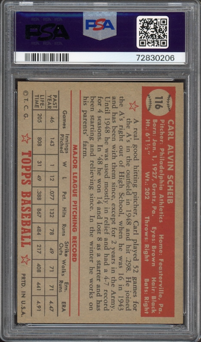 1952 Topps #116 Carl Scheib PSA EX 5