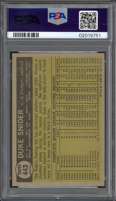 1961 Topps #443 Duke Snider PSA MINT 9
