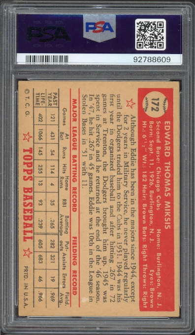 1952 Topps #172 Eddie Miksis PSA EX 5