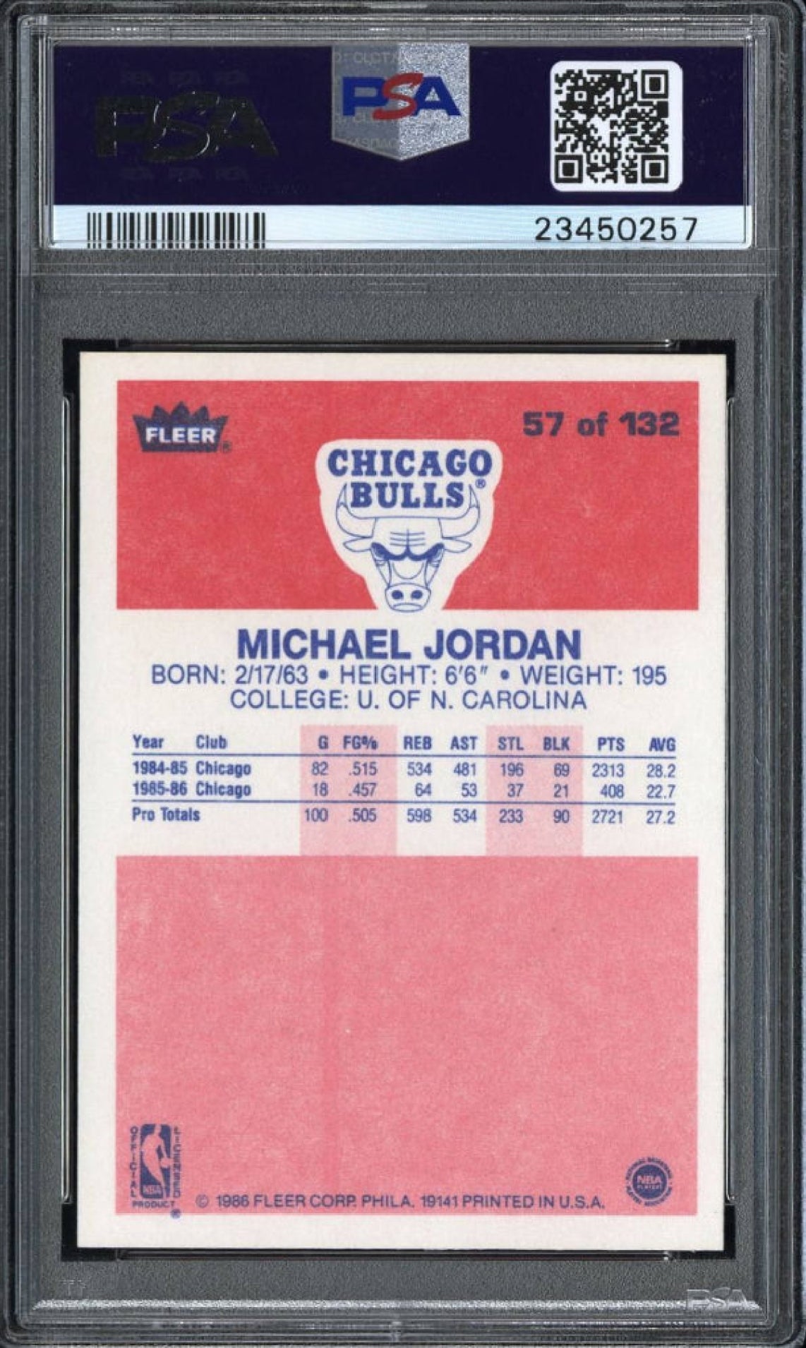 1986 Fleer #57 Michael Jordan PSA GEM MINT 10