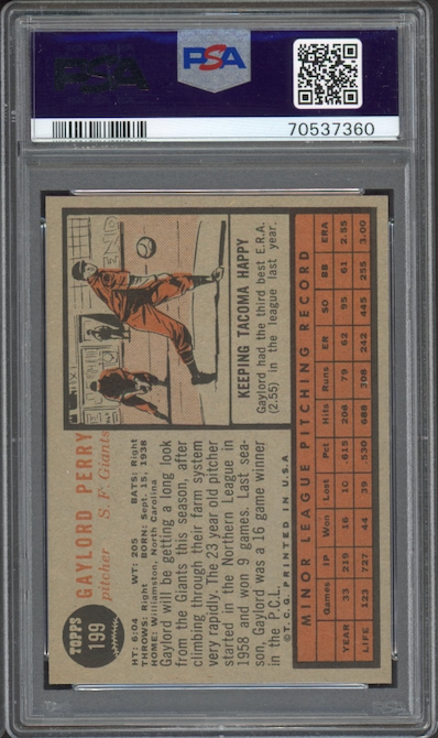 1962 Topps #199 Gaylord Perry Star ROOKIE PSA NM-MT 8