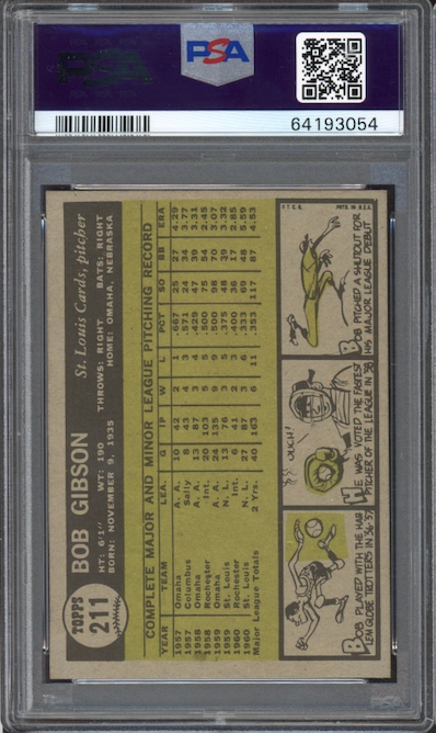 1961 Topps #211 Bob Gibson PSA MINT 9