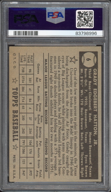 1952 Topps #6 Grady Hatton Black Back PSA EX+ 5.5