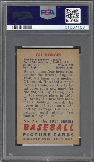 1951 Bowman #7 Gil Hodges PSA MINT 9