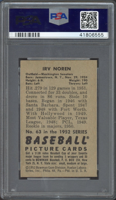 1952 Bowman #63 Irv Noren PSA MINT 9