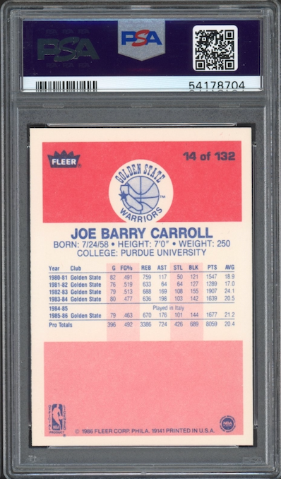 1986 Fleer #14 Joe Barry Carroll PSA 9