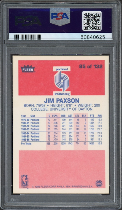 1986 Fleer #85 Jim Paxson PSA 9