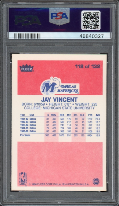 1986 Fleer #118 Jay Vincent PSA 9