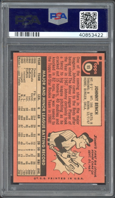 1969 Topps #95 Johnny Bench All-Star Rookie PSA MINT 9