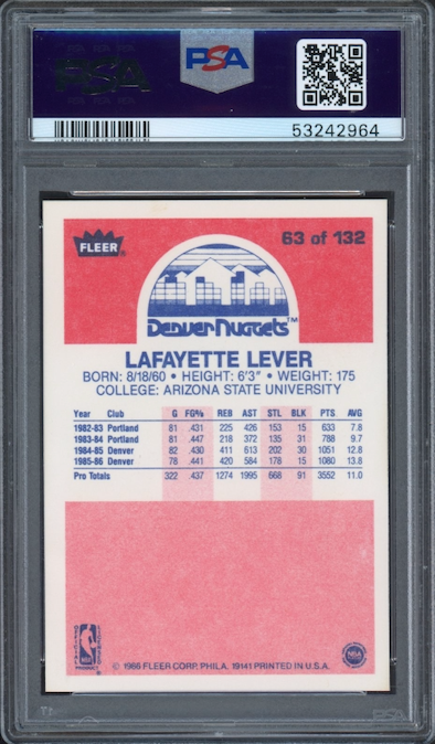 1986 Fleer #63 Lafayette Lever PSA 9