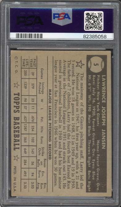 1952 Topps #5 Larry Jansen Black Back PSA VG-EX 4