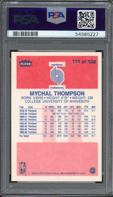 1986 Fleer #111 Mychal Thompson PSA 9
