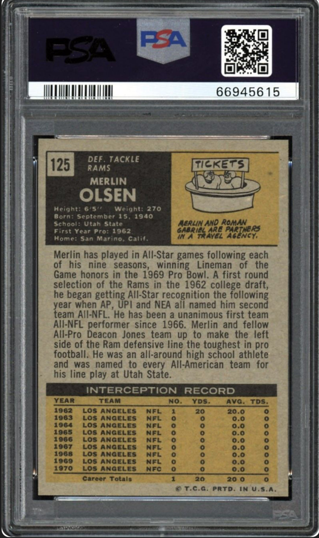 1971 Topps #125 Merlin Olsen PSA 9