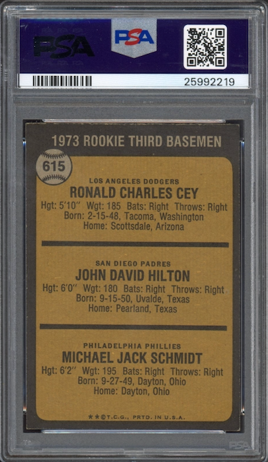 1973 Topps #615 Rookie Third Basemen Mike Schmidt ROOKIE PSA NM-MT 8