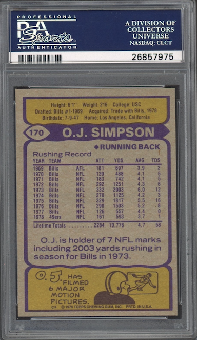 1979 Topps #170 O.J. Simpson PSA GEM MINT 10