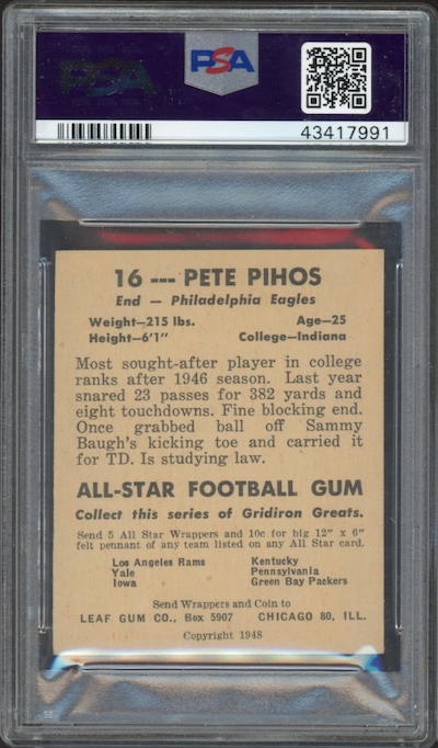 1948 Leaf #16 Pete Pihos ROOKIE Yellow Jersey Number PSA NM 7