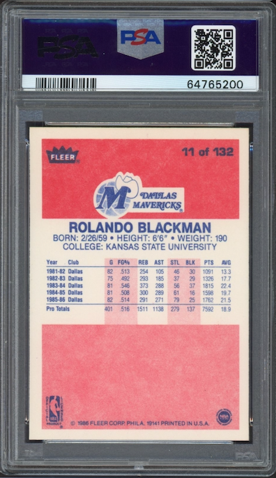 1986 Fleer #11 Rolando Blackman PSA 9