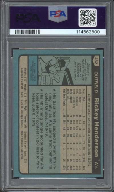 1980 Topps #482 Rickey Henderson ROOKIE PSA NM-MT+ 8.5