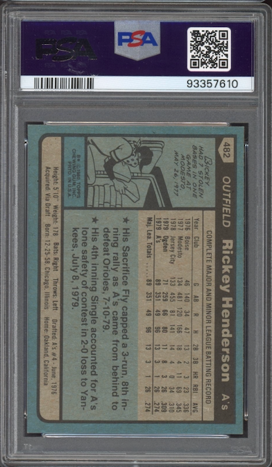 1980 Topps #482 Rickey Henderson ROOKIE PSA MINT 9