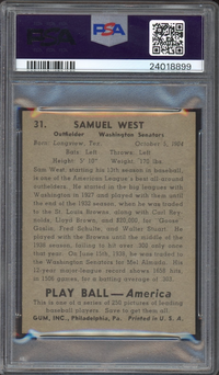 1939 Play Ball #31 Sammy West PSA MINT 9
