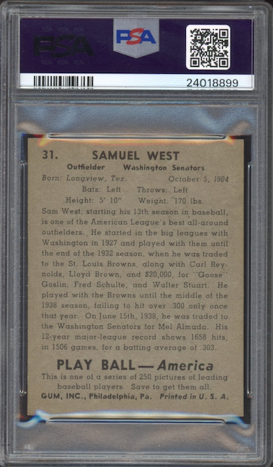 1939 Play Ball #31 Sammy West PSA MINT 9