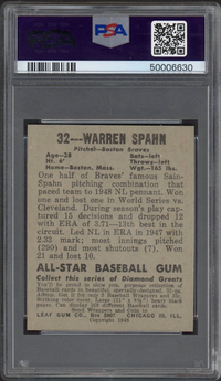 1948 Leaf #32 Warren Spahn ROOKIE PSA MINT 9