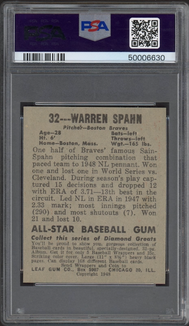 1948 Leaf #32 Warren Spahn ROOKIE PSA MINT 9