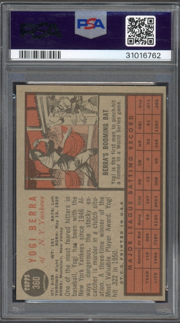 1962 Topps #360 Yogi Berra PSA MINT 9
