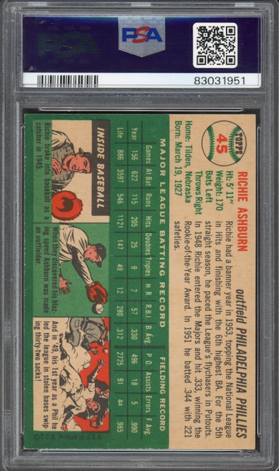 1954 Topps #45 Richie Ashburn PSA MINT 9