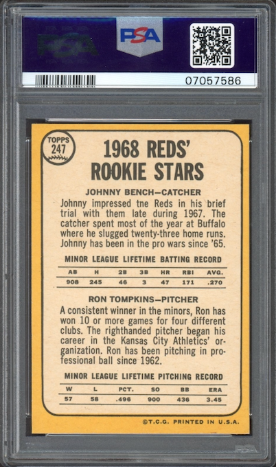 1968 Topps #247 Reds Rookies J. Bench/R. Tompkins PSA GEM MINT 10