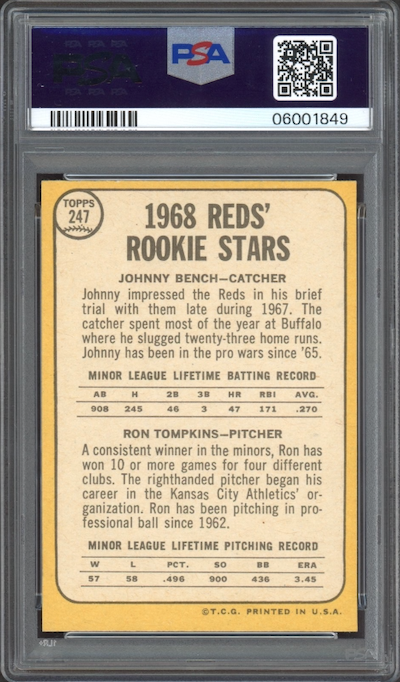 1968 Topps #247 Reds Rookies Johnny Bench ROOKIE PSA MINT 9