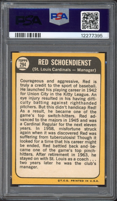 1968 Topps #294 Red Schoendienst PSA GEM MINT 10