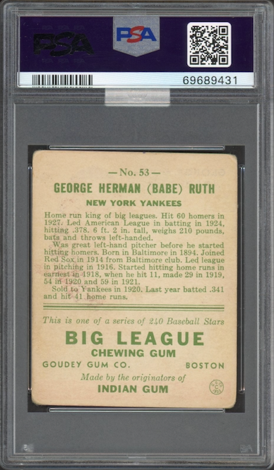1933 Goudey #53 Babe Ruth PSA FR 1.5 (MBA Silver)