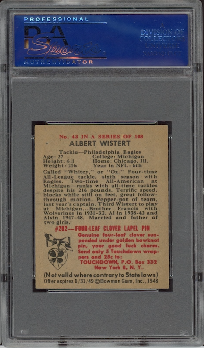 1948 Bowman #43 Whitey Wistert PSA EX-MT 6